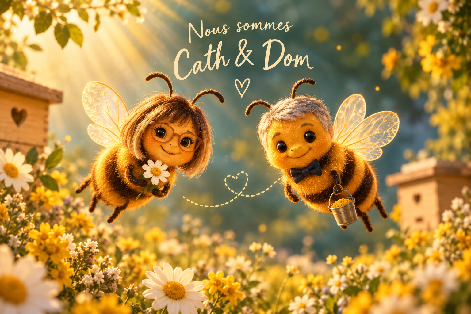 Catherine et Dominique représentés en deux abeilles dans un jardin fleuri, au Petit Rucher de Catdom