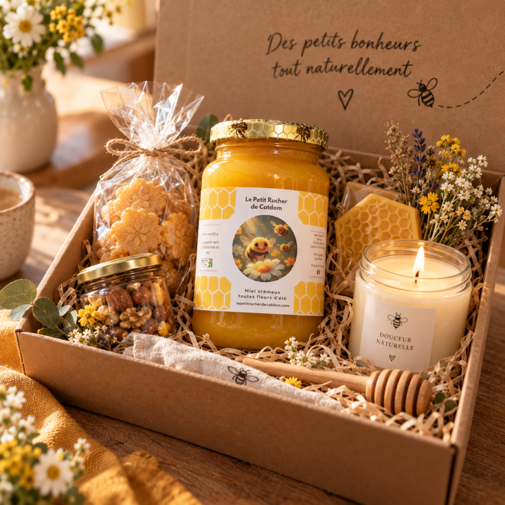Coffret gourmand avec un pot de miel du Petit Rucher de Catdom, une bougie et des douceurs